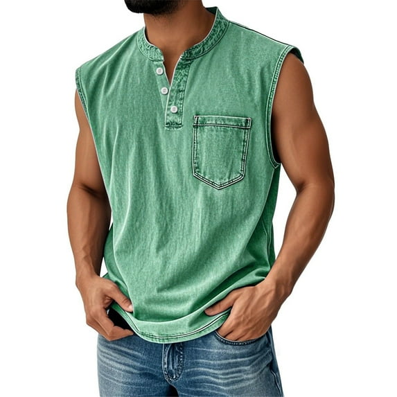 BRDFRL Henley Tank Top Men Summer Casual Sleeveless V Neck Button Up Muscle T Shirts with Pocket Beach Vacation Tops for Men Green L