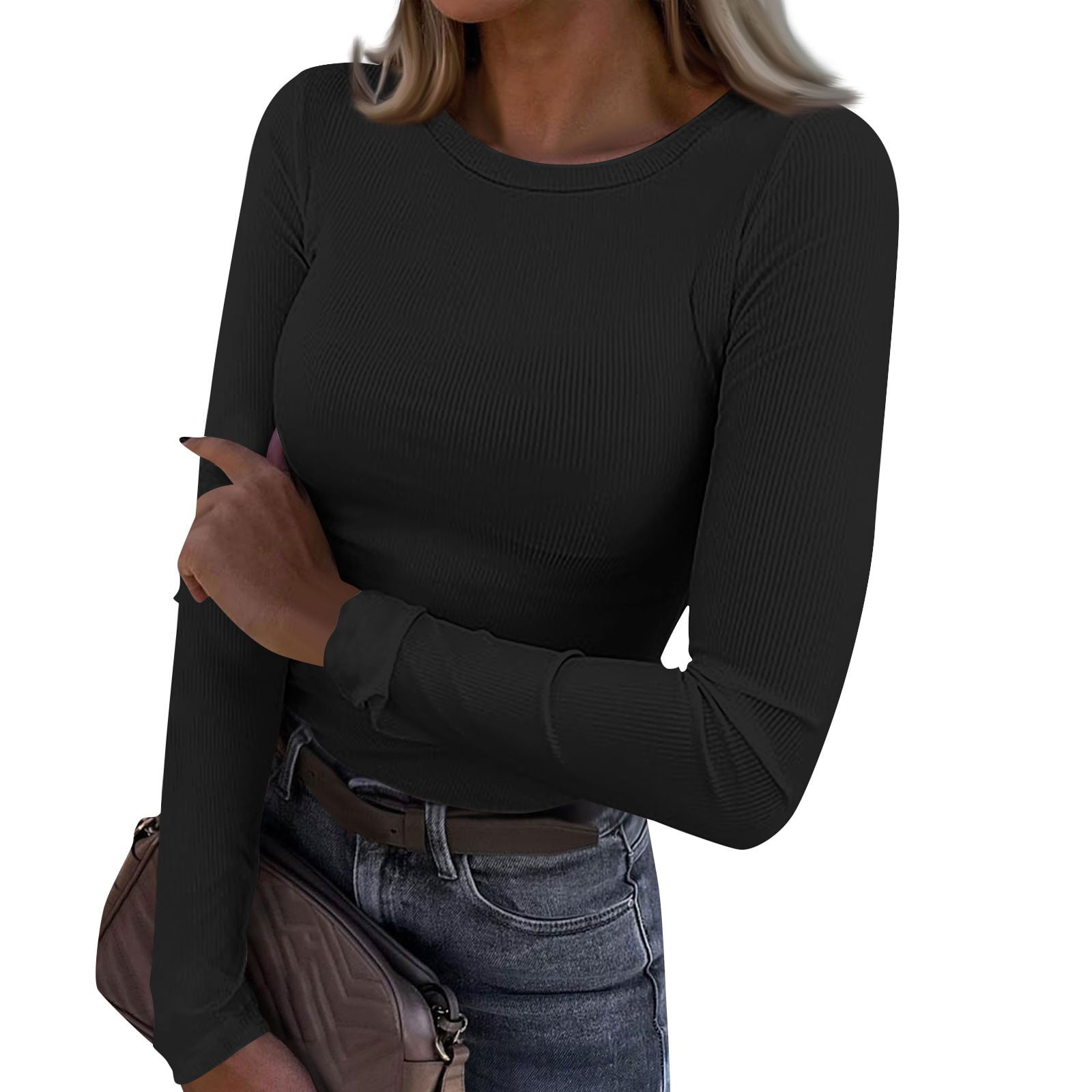 Women's Ribbed Knit Long Sleeve Top - Cutout Crewneck Going Out Shirt | Slim Fit Casual Tee - View #2