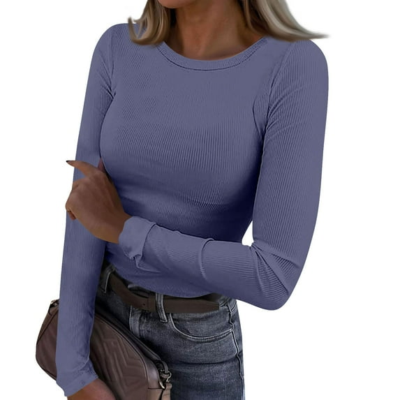BRDFRL Long Sleeve Shirts for Women Round Neck Plain Tshirts Ribbed Knit Slim Fit Plus Size Tops Sexy Tunic Y2K Clothes Gray M