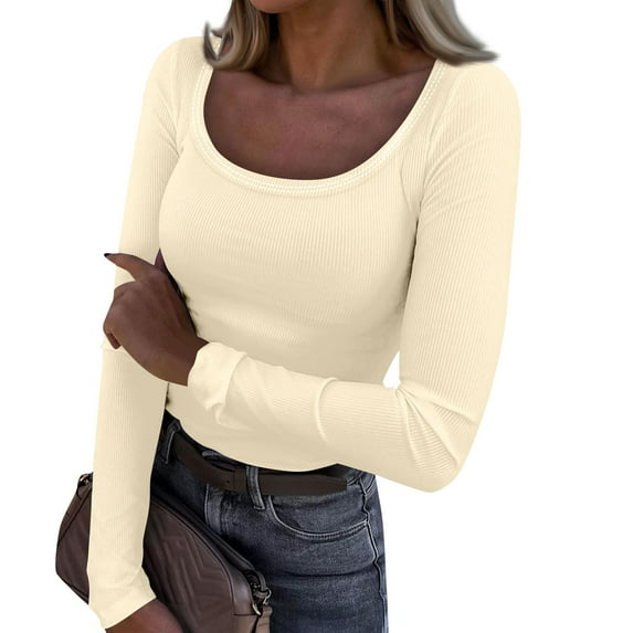 BRDFRL Long Sleeve Shirts for Women Scoop Neck Plain Tshirts Ribbed Knit Slim Fit Plus Size Tops Sexy Tunic Y2K Clothes Beige M