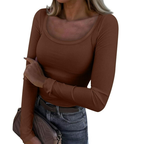 BRDFRL Long Sleeve Shirts for Women Scoop Neck Plain Tshirts Ribbed Knit Slim Fit Plus Size Tops Sexy Tunic Y2K Clothes Brown S