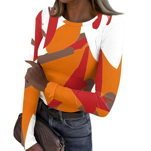 BRDFRL Long Sleeve Shirts for Women Scoop Neck Vintage Tshirts Ribbed Knit Slim Fit Plus Size Tops Sexy Tunic Y2K Clothes Orange L