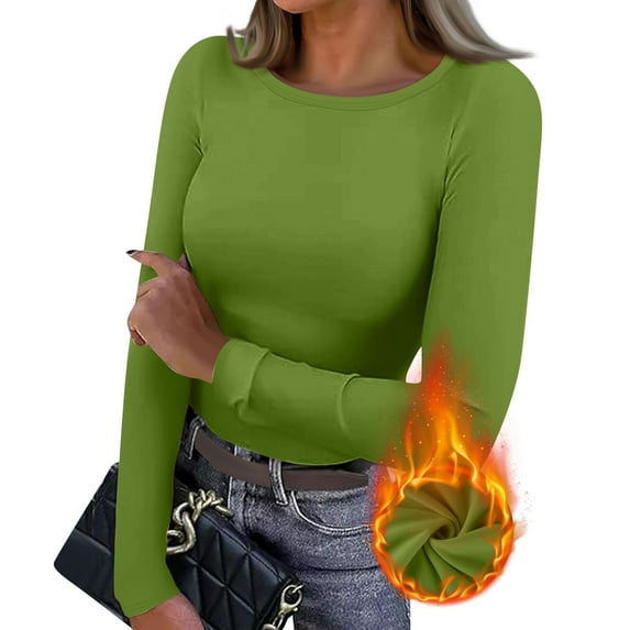 BRDFRL Long Sleeve Thermal Shirt for Women Light Fleece Tops Fall 2024 Crew Neck Casual Basic T-Shirts Army Green L