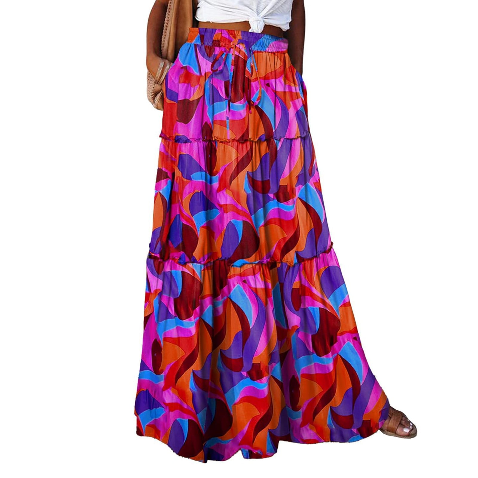 Boho Maxi Skirt For Women - High Waist Flowy Ruffle Hem Long Skirt For Beach Vacations & Summer Outfits - View #3
