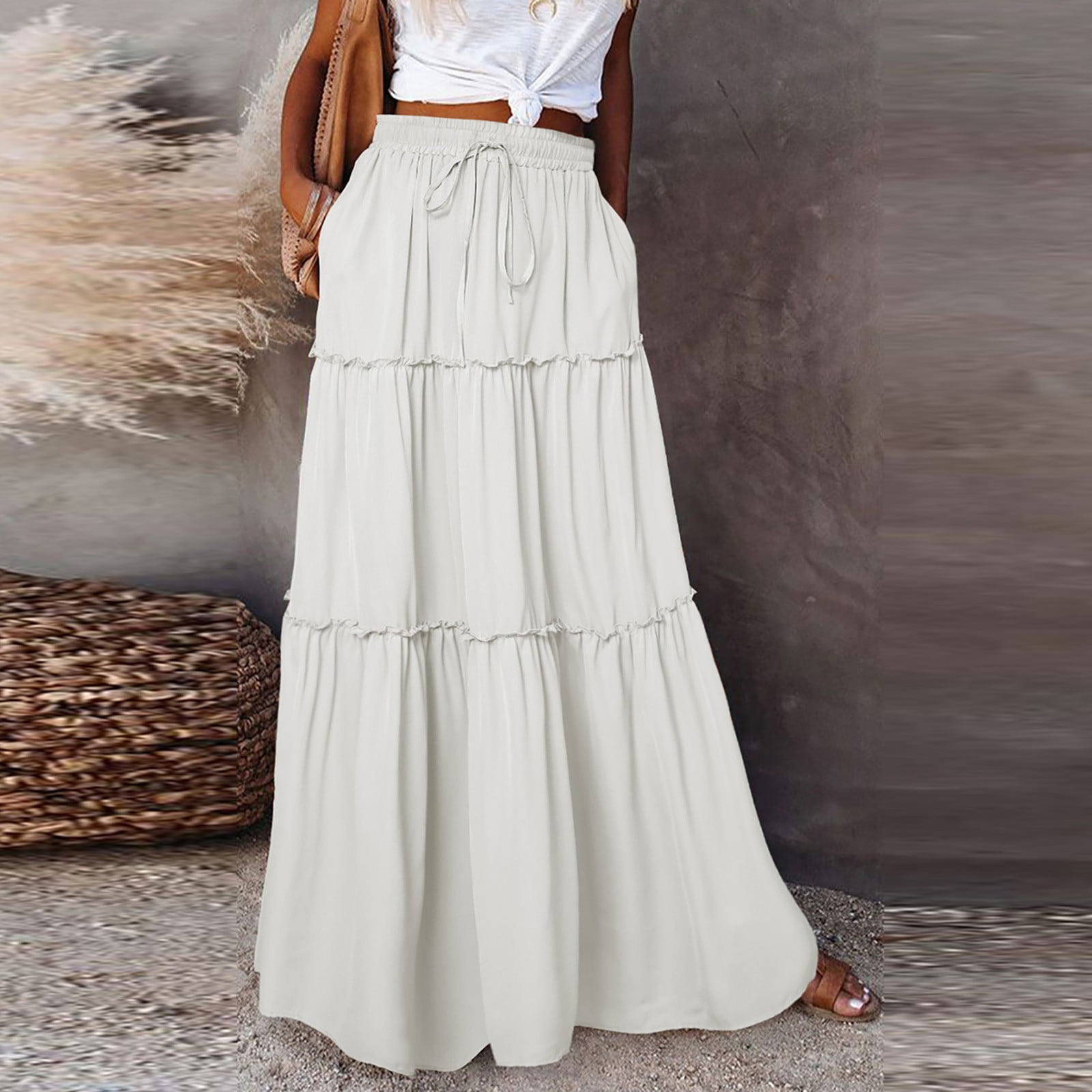 BRDFRL Maxi Skirt for Women Summer Boho Elastic High Waist Pleated A — free download
