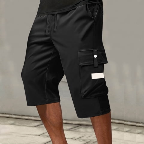 Men's Below Knee Long Shorts Lightweight Cargo Capri Hiking 3/4 Multi Pockets Black 2XL