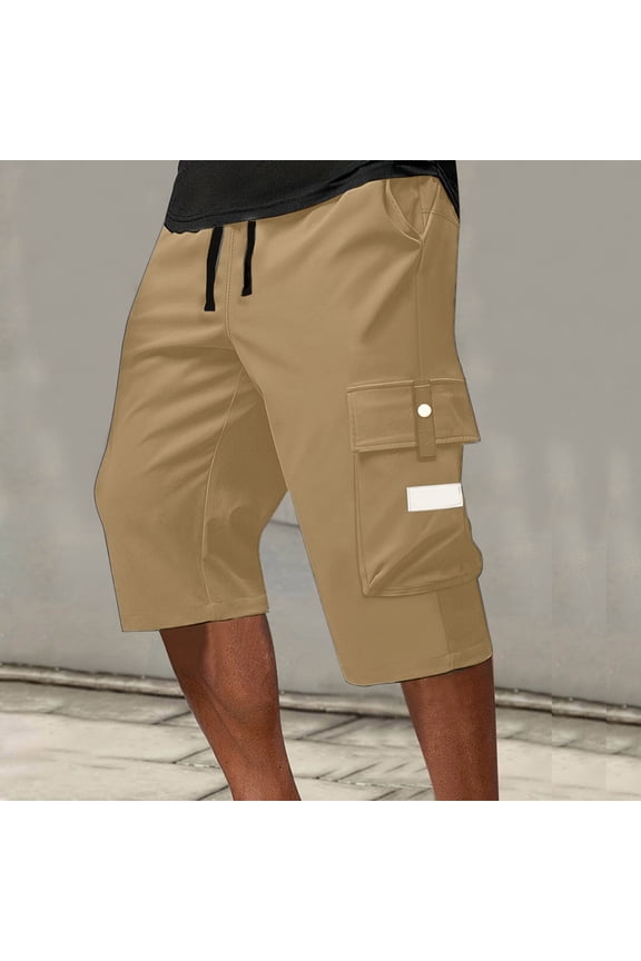 Men's Below Knee Long Shorts Lightweight Cargo Capri Hiking 3/4 Multi Pockets Khaki M