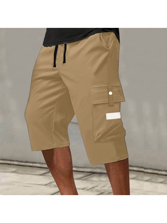Men's Below Knee Long Shorts Lightweight Cargo Capri Hiking 3/4 Multi Pockets Khaki XL