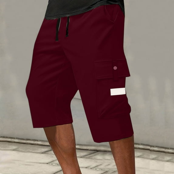 BRDFRL Men's Below Knee Long Shorts Lightweight Cargo Capri Hiking 3/4 Multi Pockets Wine XL