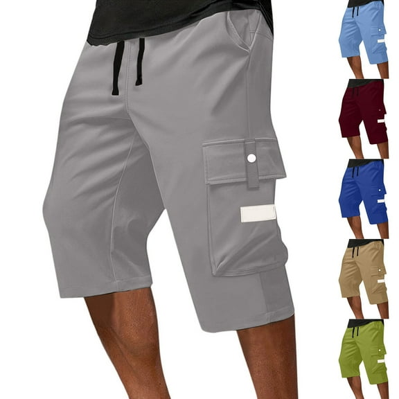 BRDFRL Mens Stretch Waist Cargo Shorts Below Knee 3/4 Cotton Summer Casual Pockets Khaki L