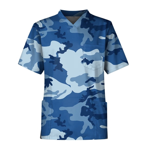 BRDFRL Printed Scrub Tops for Men Plus Size V-Neck Short Sleeve Workwear with 3 Pocket Blue L