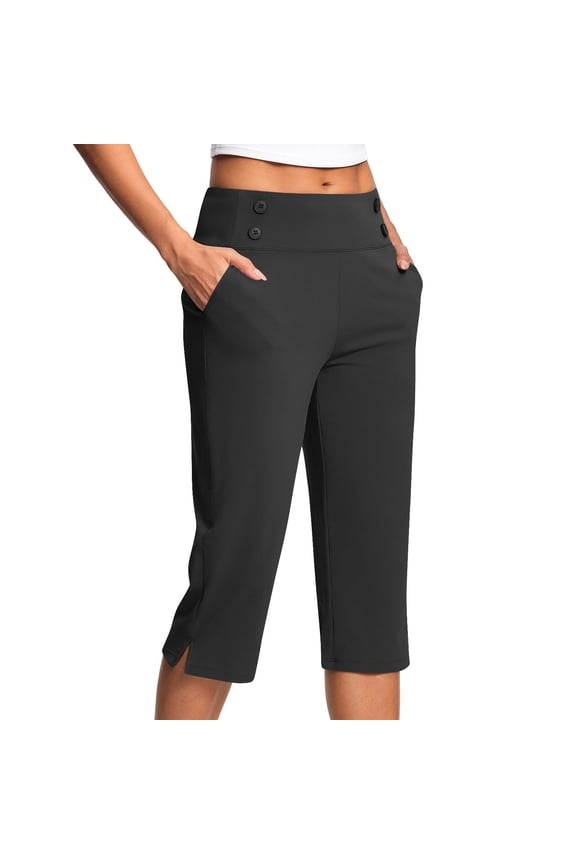 Pull On Capri Pants for Women Elastic Waist Cropped Stretch Office Pants with Pockets Black M