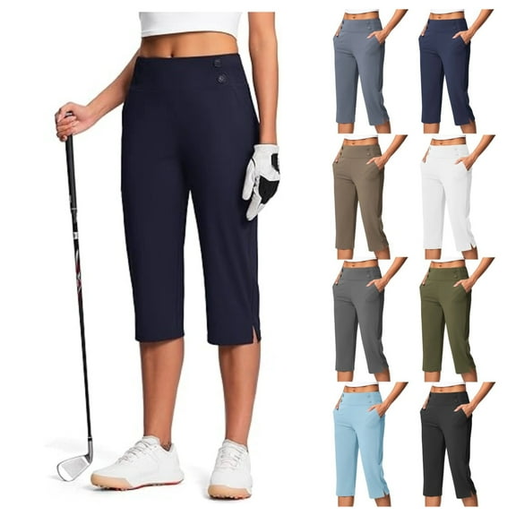 BRDFRL Pull On Capri Pants for Women Elastic Waist Cropped Stretch Yoga Office Pants with Pockets Beige S