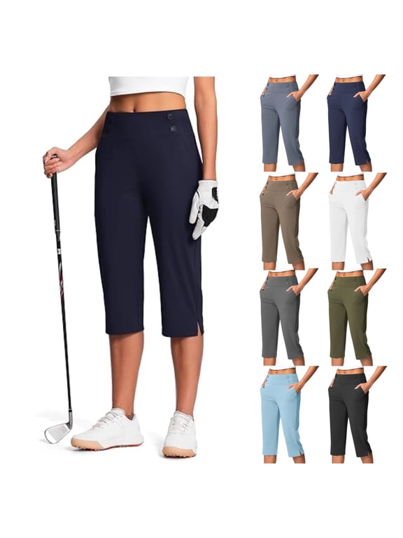 Pull On Capri Pants for Women with Pockets Elastic Waist Cropped Golf Pants Capri Stretch Office Pant Dark Gray L