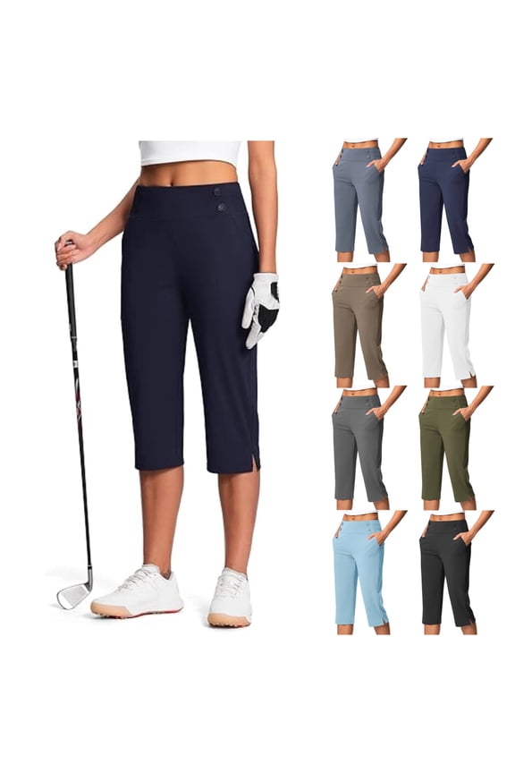 Pull On Capri Pants for Women with Pockets Elastic Waist Cropped Golf Pants Capri Stretch Office Pant Navy L