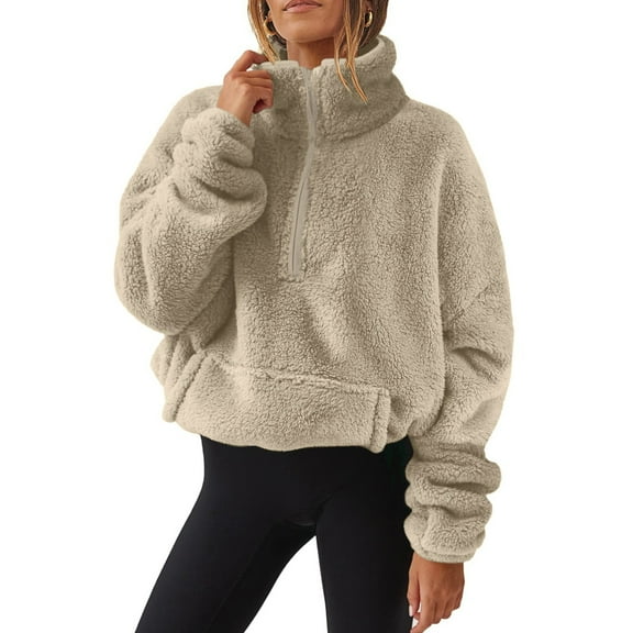 BRDFRL Pullover Womens Quarter Zip High Neck Fluffy Fleece Sherpa Sweaters Sweatshirt Winter Warm Fuzzy Top Khaki L
