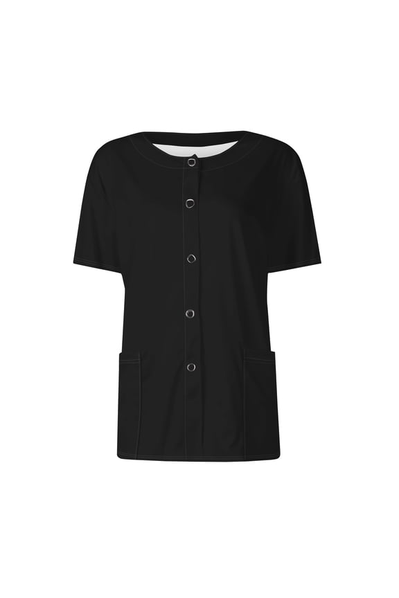 Scrubs Short Sleeve Workwear With Two Pockets Snap Front Printed Crew Neck Top Black XL