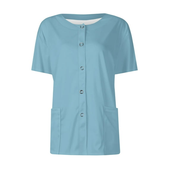 BRDFRL Scrubs Short Sleeve Workwear With Two Pockets Snap Front Printed Crew Neck Top Light Blue 3XL