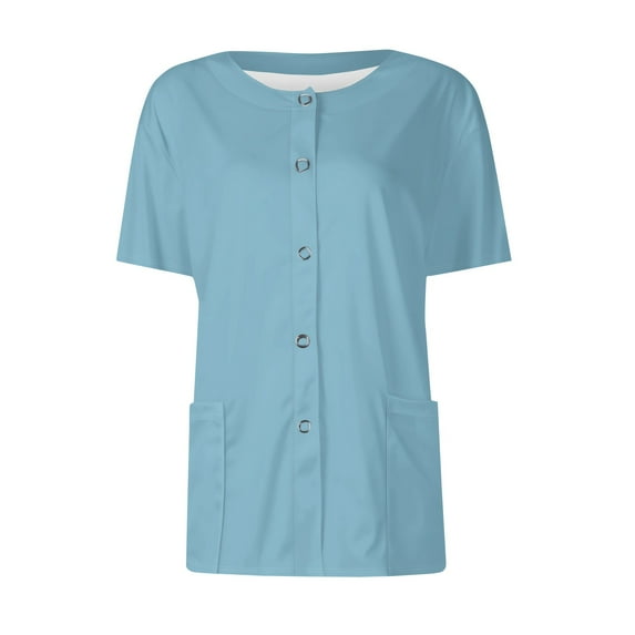 BRDFRL Scrubs Short Sleeve Workwear With Two Pockets Snap Front Printed Crew Neck Top Light Blue S