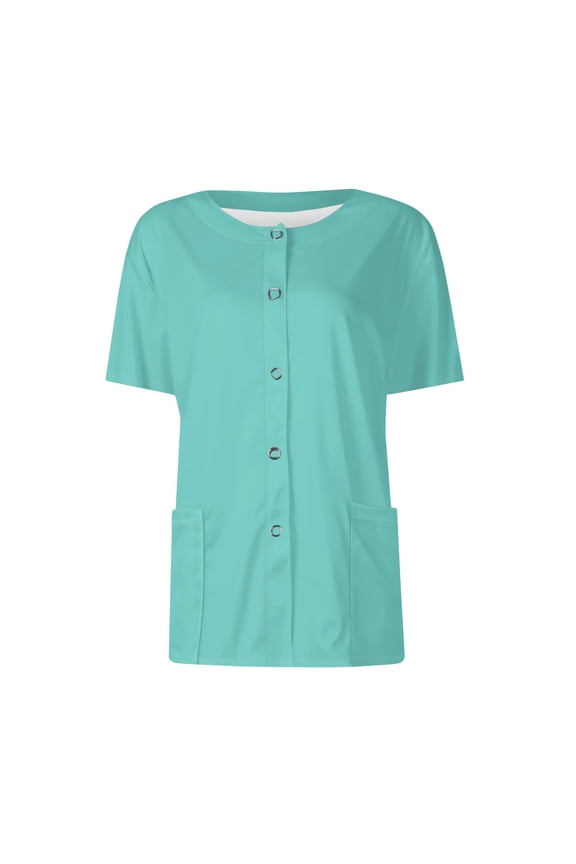 Scrubs Short Sleeve Workwear With Two Pockets Snap Front Printed Crew Neck Top Mint Green 3XL