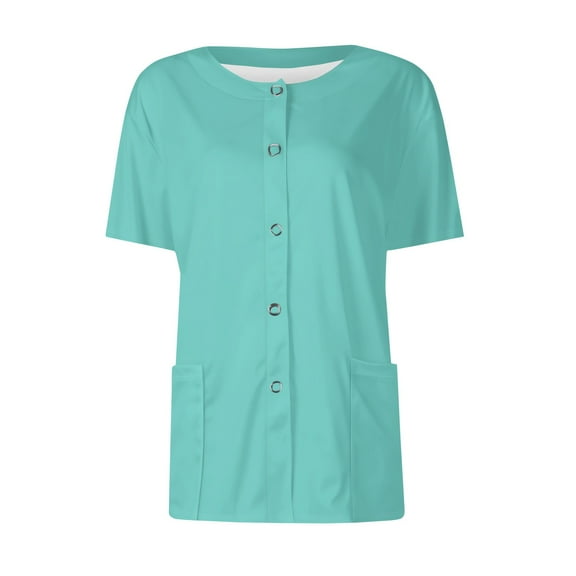 BRDFRL Scrubs Short Sleeve Workwear With Two Pockets Snap Front Printed Crew Neck Top Mint Green 4XL
