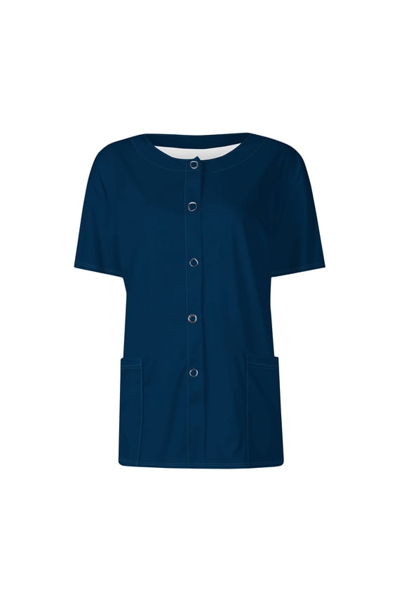 Scrubs Short Sleeve Workwear With Two Pockets Snap Front Printed Crew Neck Top Navy 2XL