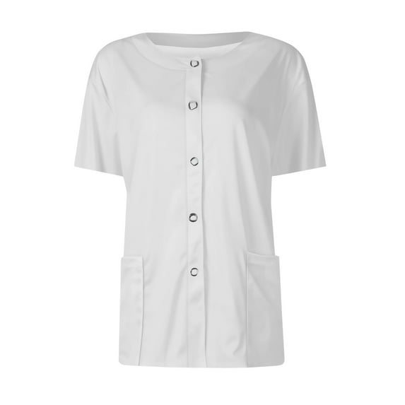 BRDFRL Scrubs Short Sleeve Workwear With Two Pockets Snap Front Printed Crew Neck Top White L