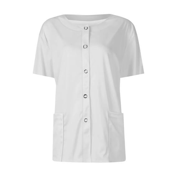 BRDFRL Scrubs Short Sleeve Workwear With Two Pockets Snap Front Printed Crew Neck Top White XL