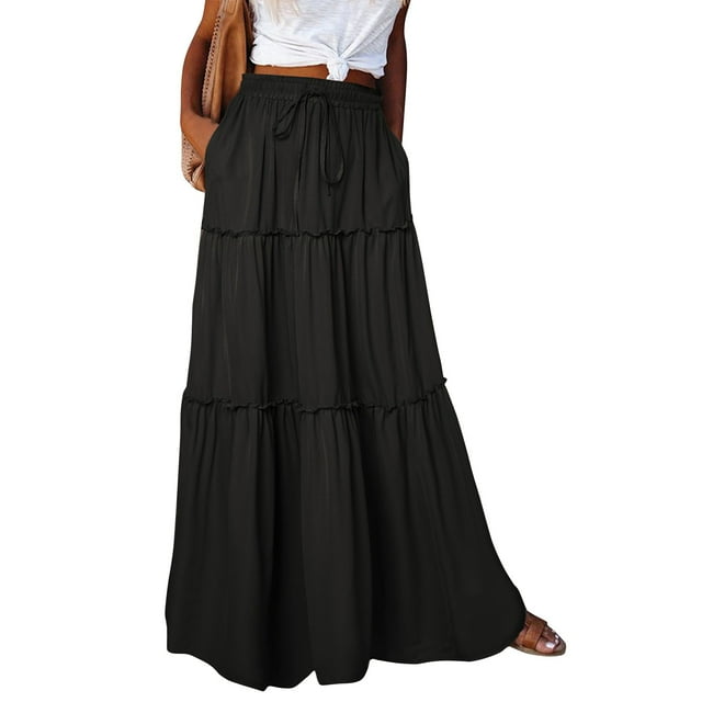 BRDFRL Skirts for Women Summer Boho Casual Maxi Flowy Elastic High Waist A-Line Tiered Swing Floral Long Skirts with Pockets Black XXL