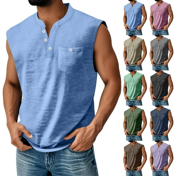 BRDFRL Sleeveless Shirts for Men Vintage Button Down Henley Muscle Fit Gym Workout Tops Blue L
