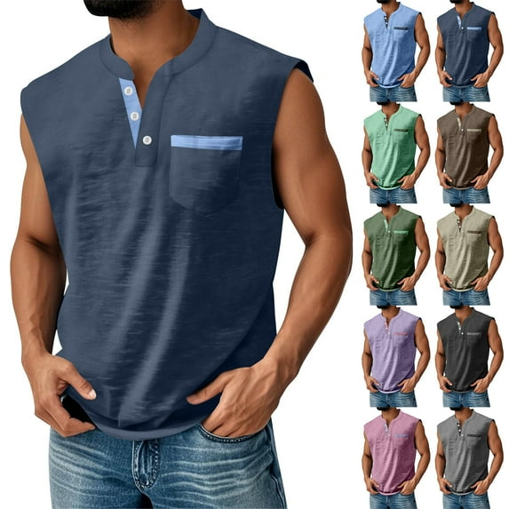 BRDFRL Sleeveless Shirts for Men Vintage Button Down Henley Muscle Fit Gym Workout Tops Brown 3XL