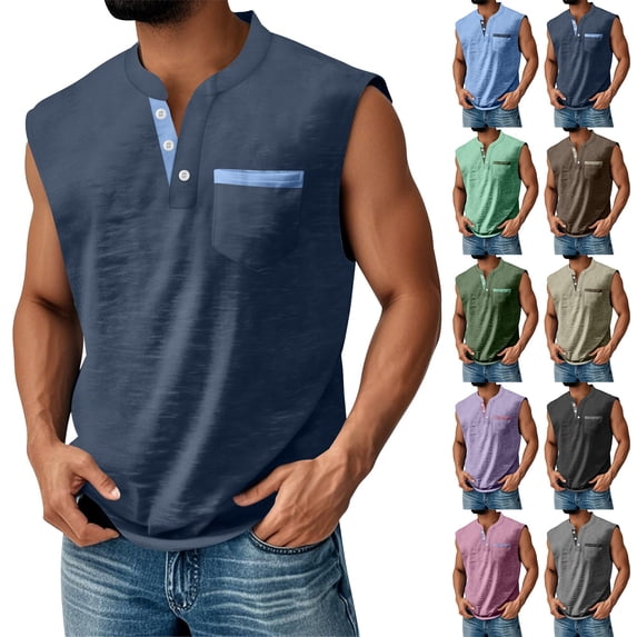 BRDFRL Sleeveless Shirts for Men Vintage Button Down Henley Muscle Fit Gym Workout Tops Khaki M