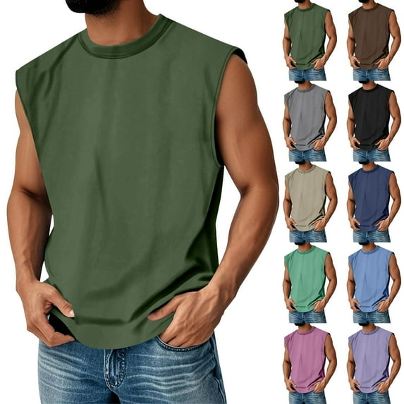 BRDFRL Sleeveless Shirts for Men Vintage Crew Neck Gym Tops Khaki M
