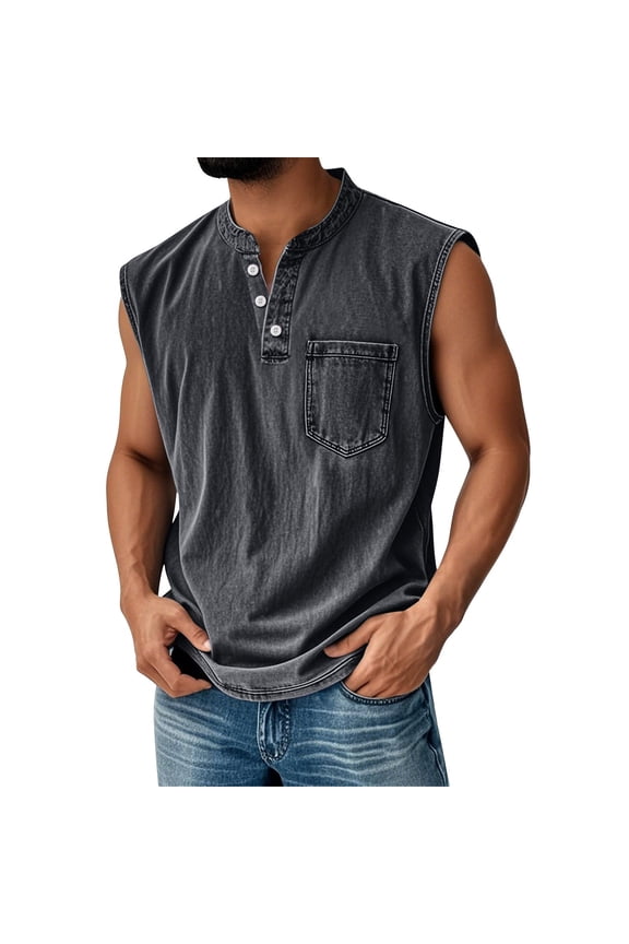 BRDFRL Sleeveless Shirts for Men Vintage Distress Washed V Neck Button Henley Gym Tops Gray XL