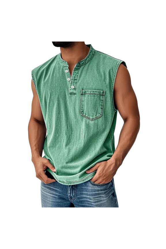 BRDFRL Sleeveless Shirts for Men Vintage Distress Washed V Neck Button Henley Gym Tops Green 2XL