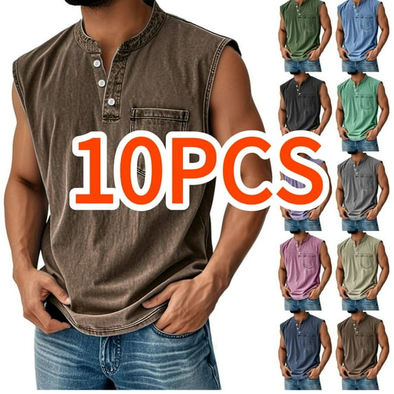 BRDFRL Sleeveless Shirts for Men Vintage Distressed V Neck Button Henley Gym Tops Brown 2XL