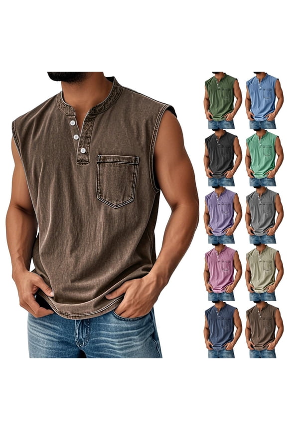 BRDFRL Sleeveless Shirts for Men Vintage Distressed V Neck Button Henley Gym Tops Khaki XL