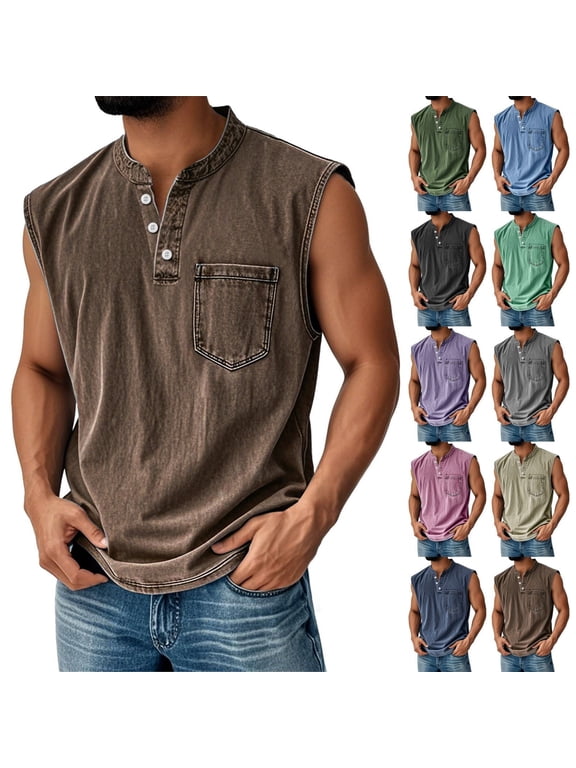 BRDFRL Sleeveless Shirts for Men Vintage Distressed V Neck Button Henley Gym Tops Khaki XL