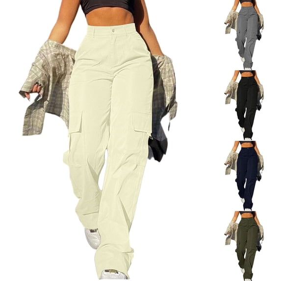 BRDFRL Straight Wide Leg Y2K Cargo Pants Loose Pocket Jogger Army Green M