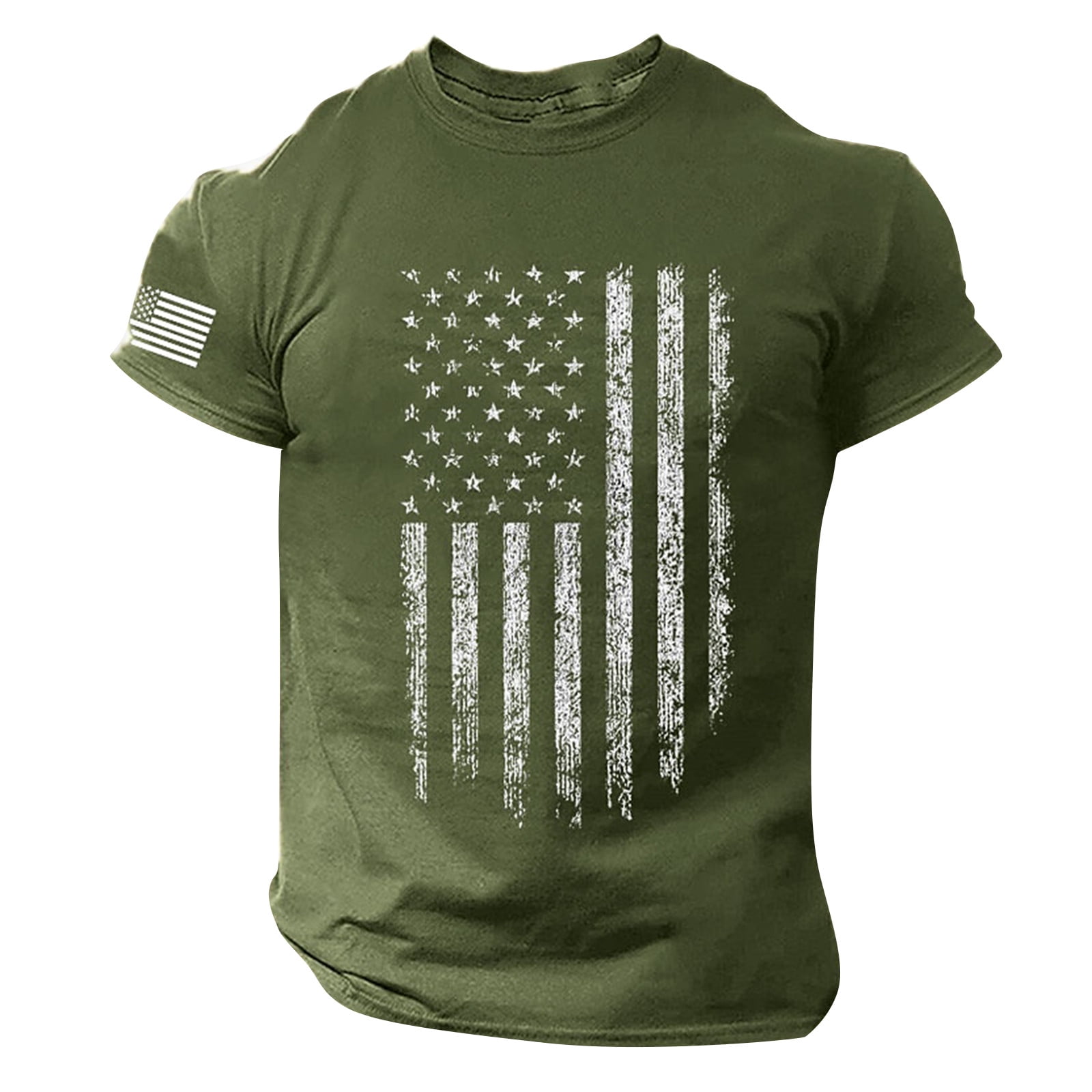 Summer T-Shirts for Men Flag Short Sleeve Workout Graphic Tees Casual Crewneck 4th of July Patriotic Shirts Army Green XL