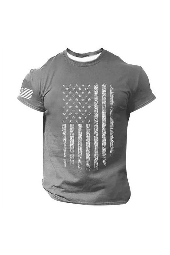 Summer T-Shirts for Men Flag Short Sleeve Workout Graphic Tees Casual Crewneck 4th of July Patriotic Shirts Gray XL