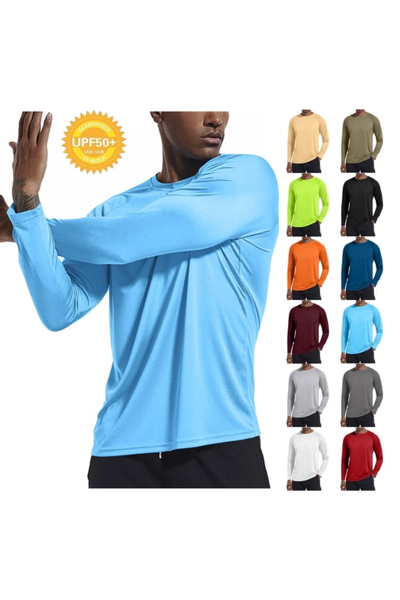 UPF 50+ Sun Shirts for Men, UV Protection Long Sleeve Swim Shirt, Lightweight Rash Guard for Fishing Hiking Running Sky Blue XL