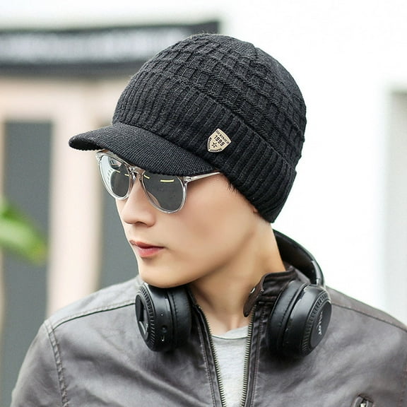 BRDFRL Winter Visor Beanie Brimmed Baseball Cap Fleece Lined Waffle Knitted Billed Hat