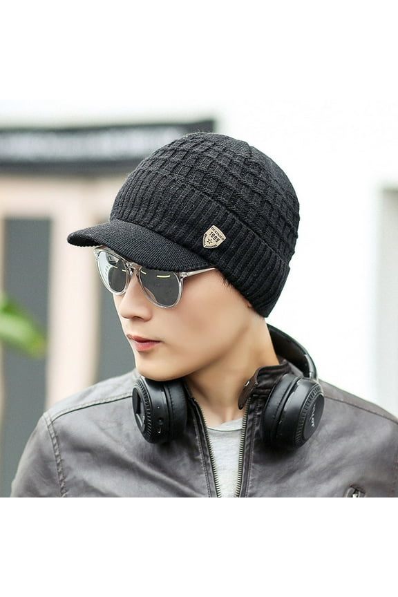Winter Visor Beanie Brimmed Baseball Cap Fleece Lined Waffle Knitted Billed Hat