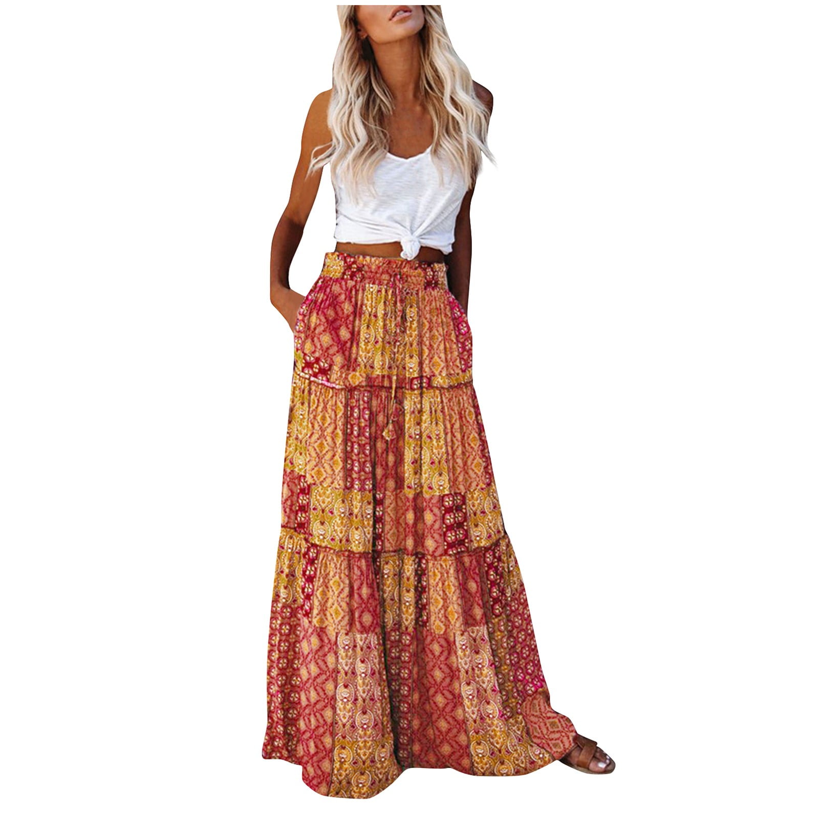 Women's Boho Floral Midi Skirt - High Waist Tiered Ruffle Skirt With Pockets