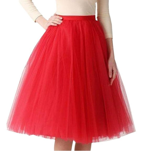 BRDFRL Women A-Line Tulle Skirt Tutu Knee Length Red XL