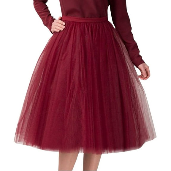 BRDFRL Women A-Line Tulle Skirt Tutu Knee Length Wine M