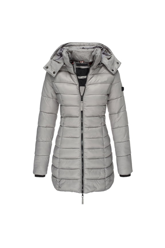 Women Jacket Reversible Spring and Winter Fashion Warm Quilted Long Hooded Padded Bubble Coat Gray S