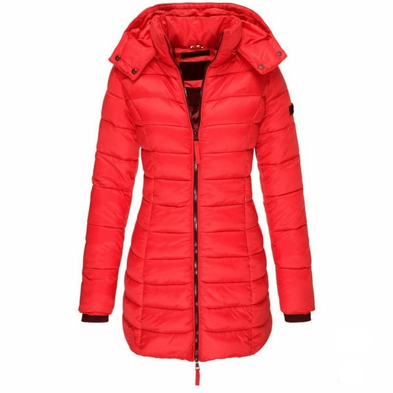 BRDFRL Women Jacket Reversible Spring and Winter Fashion Warm Quilted Long Hooded Padded Bubble Coat Red L