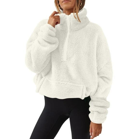 BRDFRL Women Sherpa Pullover Half Zip Fuzzy Fleece Oversized Sweatshirt Long Sleeve Plush Quarter Zip Pullover with Pocket Beige S